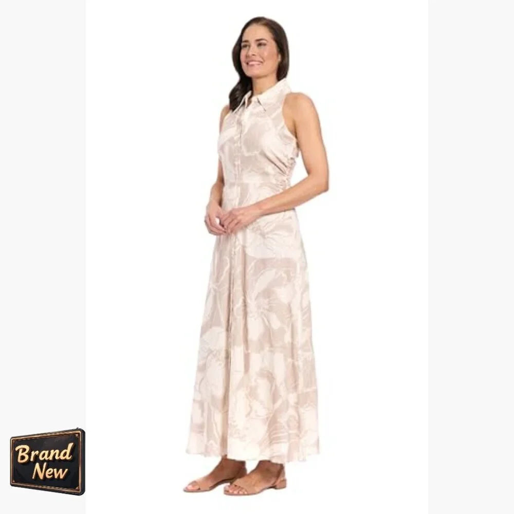 Sleeveless Collared Button Front A-Line Maxi Dress Linen Rayon Blend